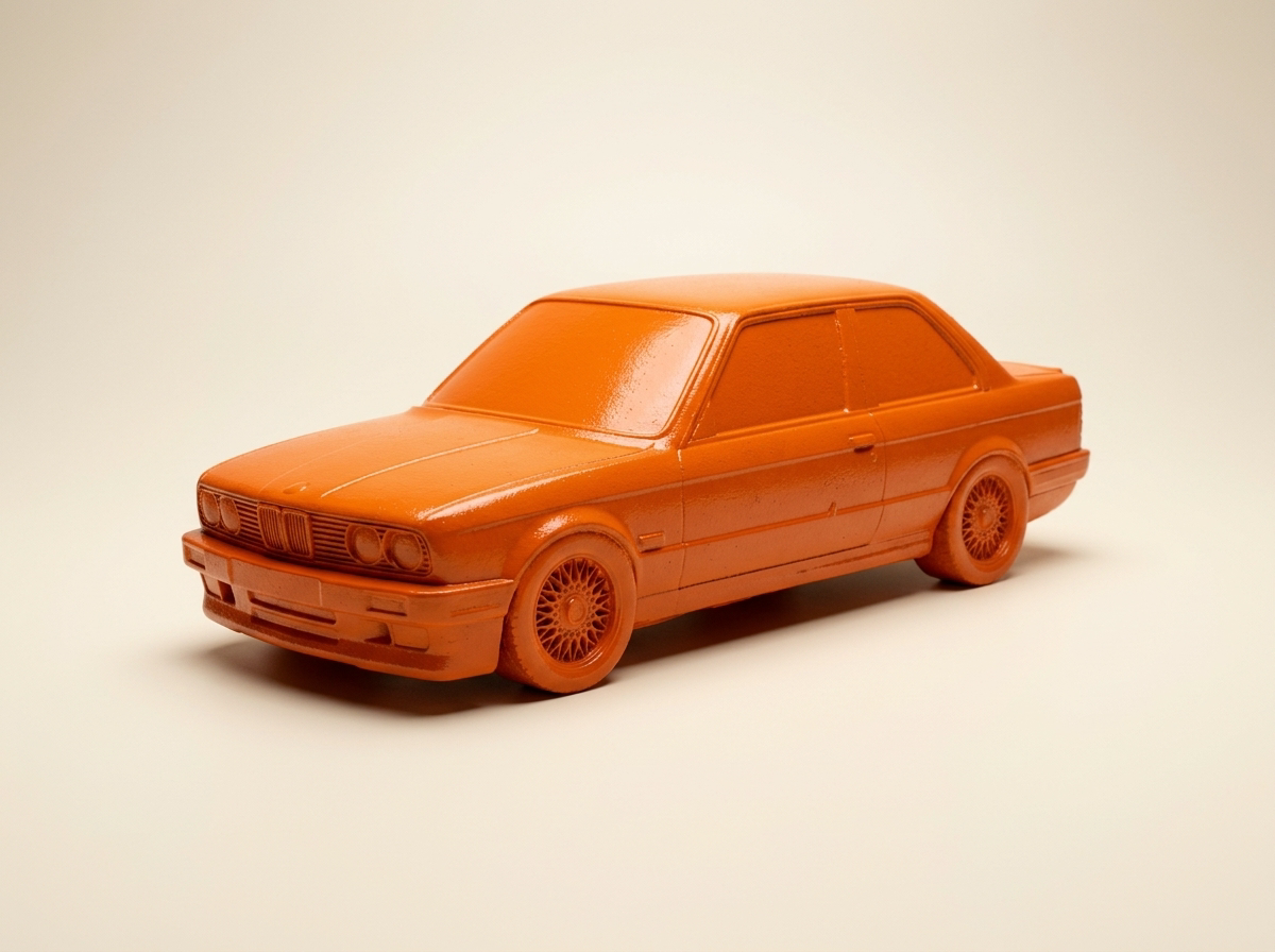 Blaze — cast-concrete model car finished in glossy hazard orange