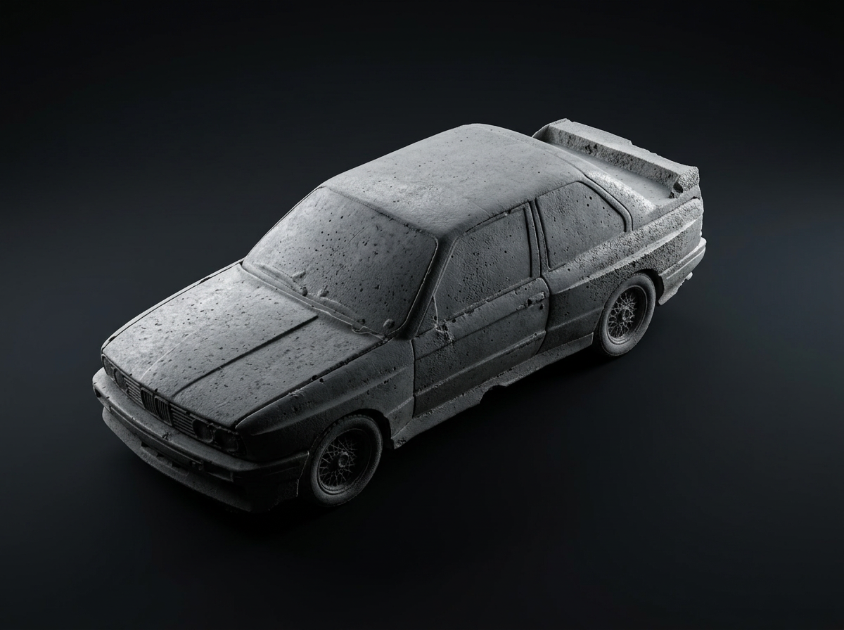 Moody low-key studio shot of the raw concrete E30 model