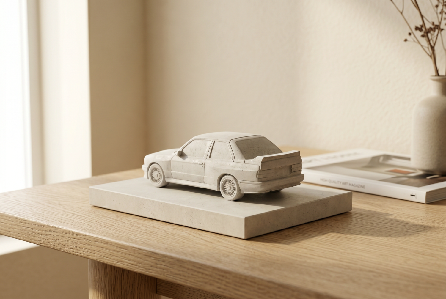 Concrete model car displayed as an art object on a desk plinth