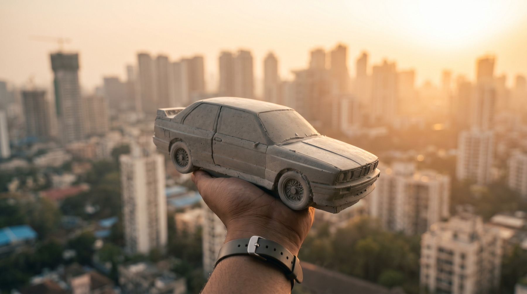 Concrete model car held up against a city skyline at golden hour